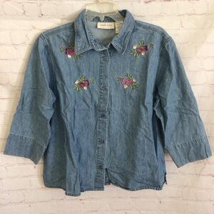Vintage Lemon Grass Embroidered Floral Denim Button Down Top - Size XL